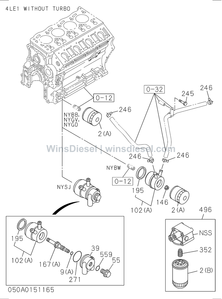 Isuzu 4LE2 oil cooler and oil filter exploded parts diagram, catalog reference ZX70-3 :4LE2-XYSA01-305001