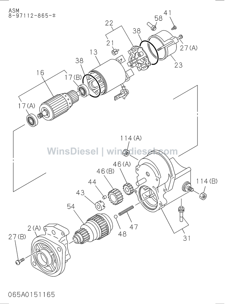Isuzu 4LE2 starter internal parts exploded parts diagram, catalog reference ZX70-3 :4LE2-XYSA01-3065010711-