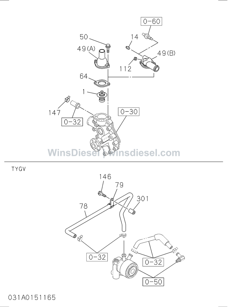 Isuzu 4LE2 thermostat and housing exploded parts diagram, catalog reference ZX70-3 :4LE2-XYSA01-303101