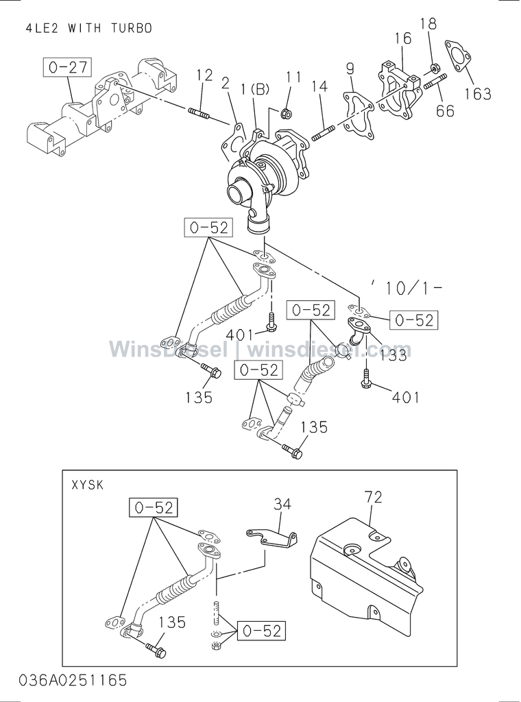 Isuzu 4LE2 turbocharger system exploded parts diagram, catalog reference ZX70-3 :4LE2-XYSA01-303602
