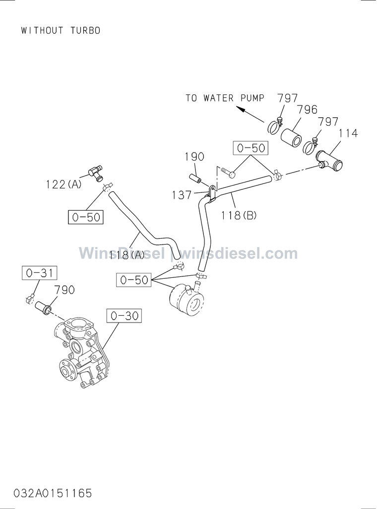 Isuzu 4LE2 engine water piping exploded parts diagram, catalog reference ZX70-3 :4LE2-XYSA01-303201