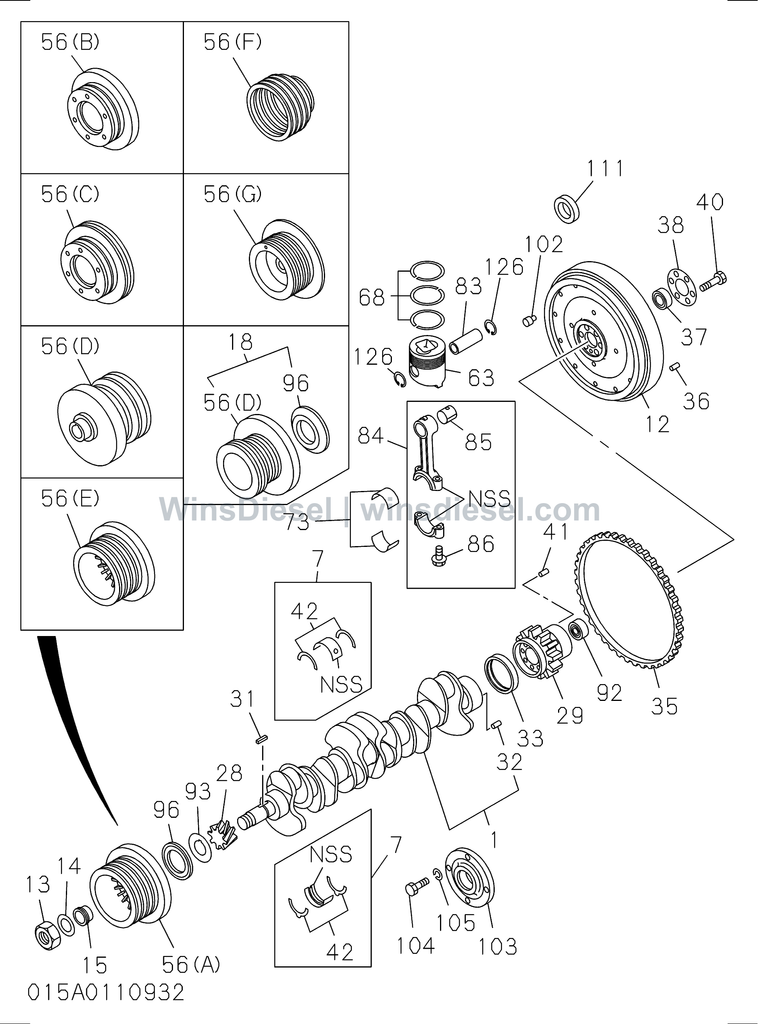 Isuzu 6BG1 crankshaft piston and flywheel parts diagram 6BG1-TRA-401501 for Hitachi ZX200