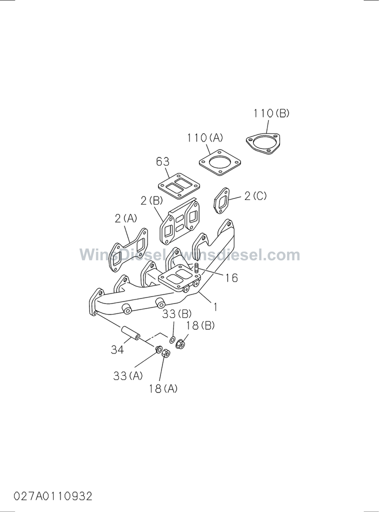 Isuzu 6BG1 exhaust manifold parts diagram 6BG1-TRA-402701 for Hitachi ZX200