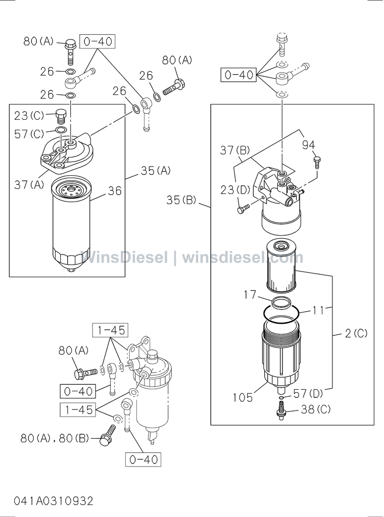 Isuzu 6BG1 fuel filter and bracket parts diagram 6BG1-TRA-404101 for Hitachi ZX200