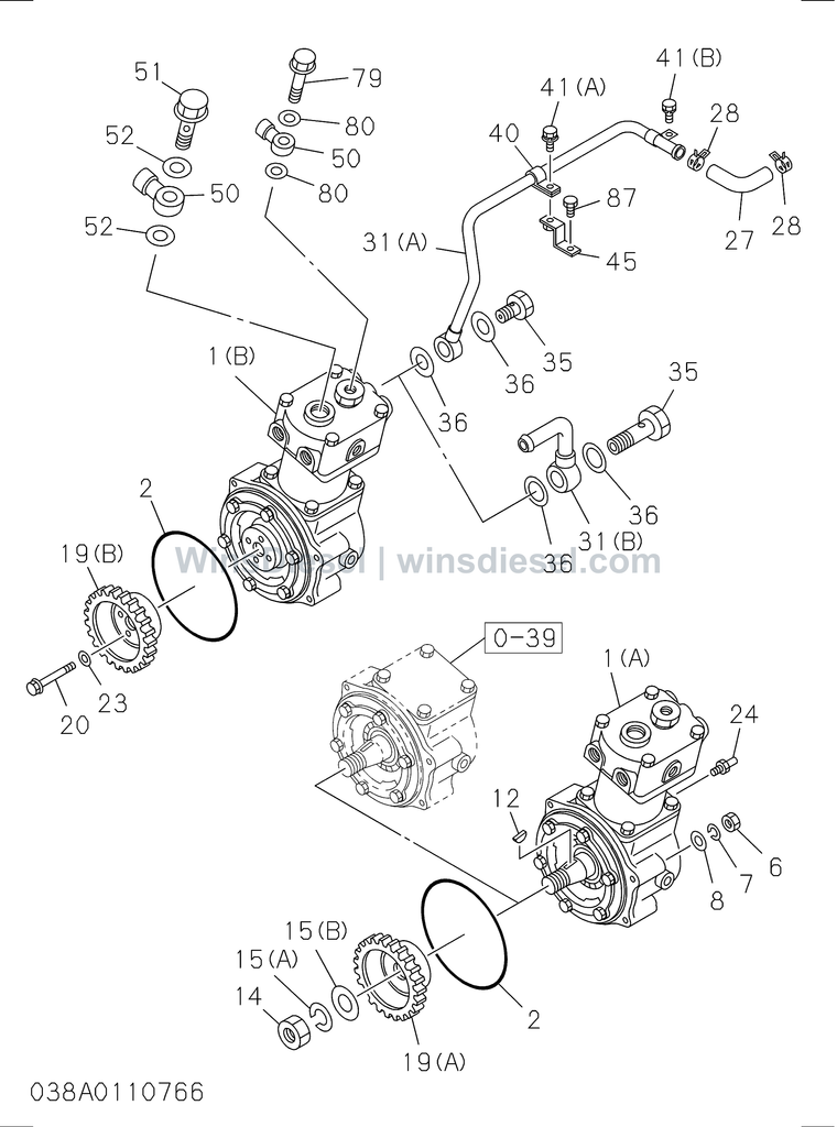 Isuzu 6SD1 engine air compressor piping exploded parts diagram, catalog reference EX300-5 :6SD1-TQA01-303801