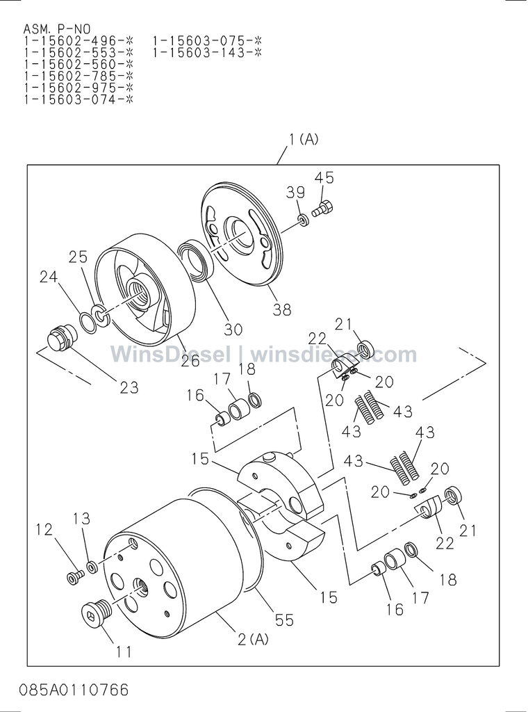 Isuzu 6SD1 injection pump auto timer exploded parts diagram, catalog reference EX300-5 :6SD1-TQA01-3085018808-