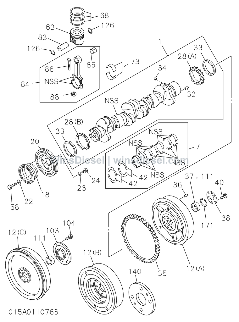 Isuzu 6SD1 crankshaft, pistons and flywheel exploded parts diagram, catalog reference EX300-5 :6SD1-TQA01-301501