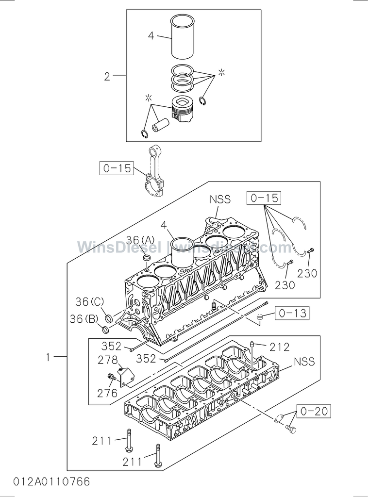 Isuzu 6SD1 cylinder block exploded parts diagram, catalog reference EX300-5 :6SD1-TQA01-301201