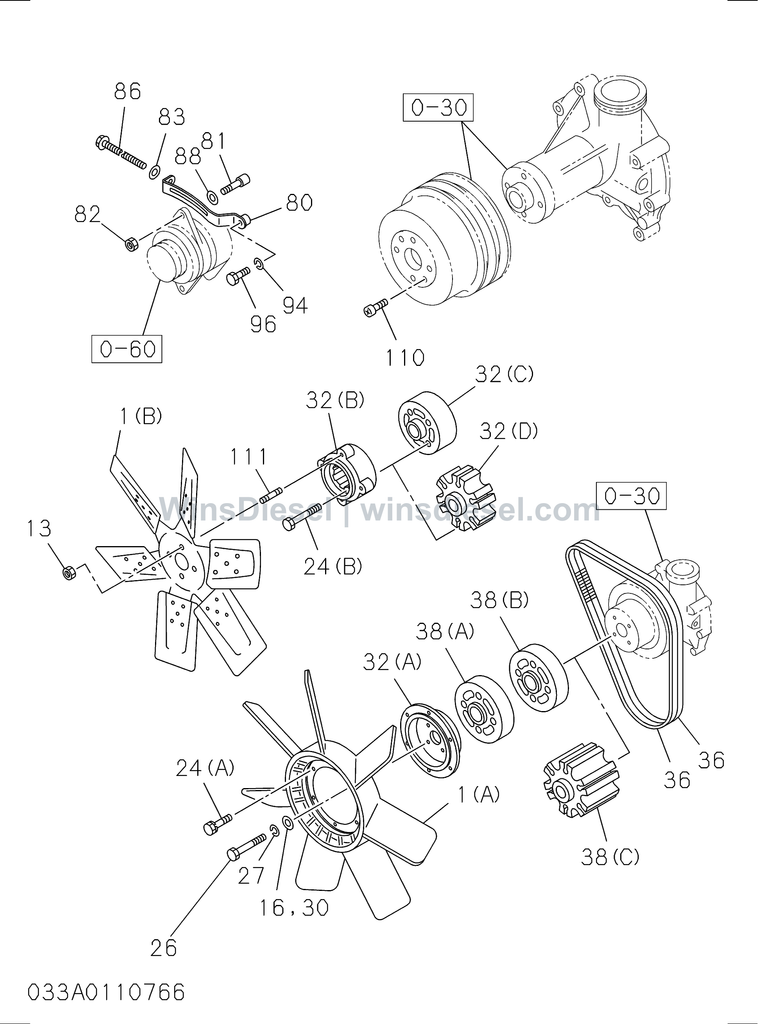 Isuzu 6SD1 fan and fan belt exploded parts diagram, catalog reference EX300-5 :6SD1-TQA01-303301