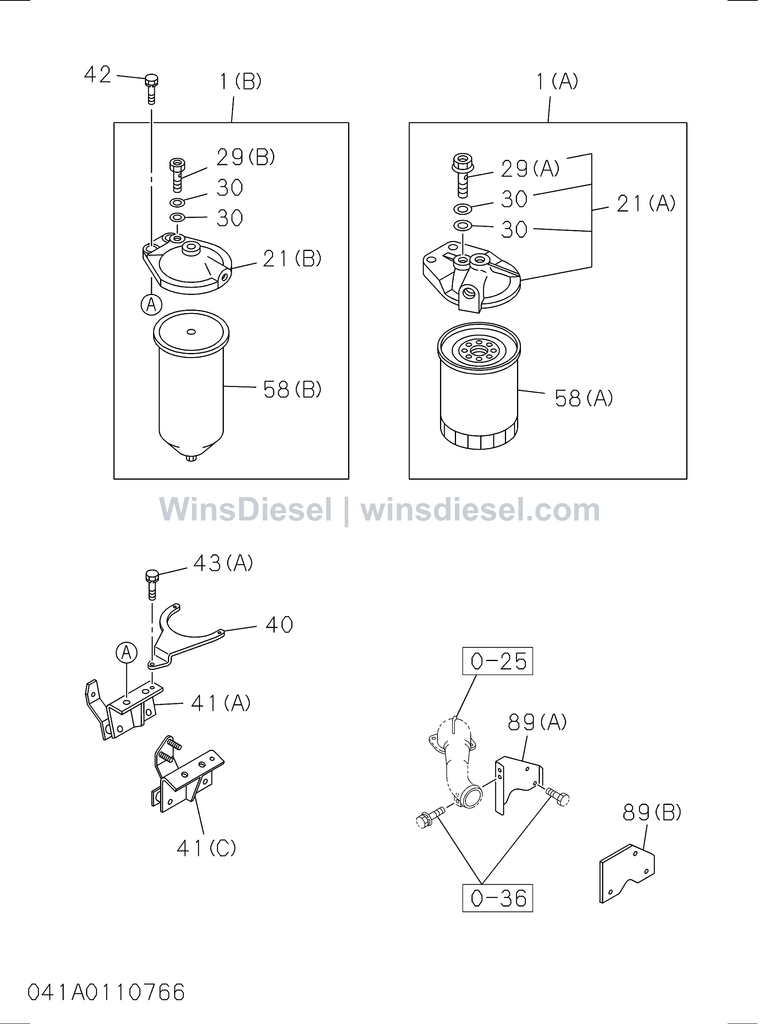Isuzu 6SD1 fuel filter and bracket exploded parts diagram, catalog reference EX300-5 :6SD1-TQA01-304101