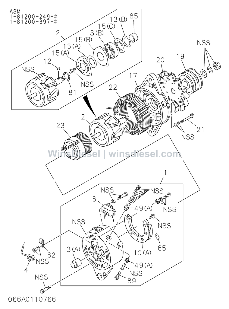 Isuzu 6SD1 alternator internal parts exploded parts diagram, catalog reference EX300-5 :6SD1-TQA01-3066018808-