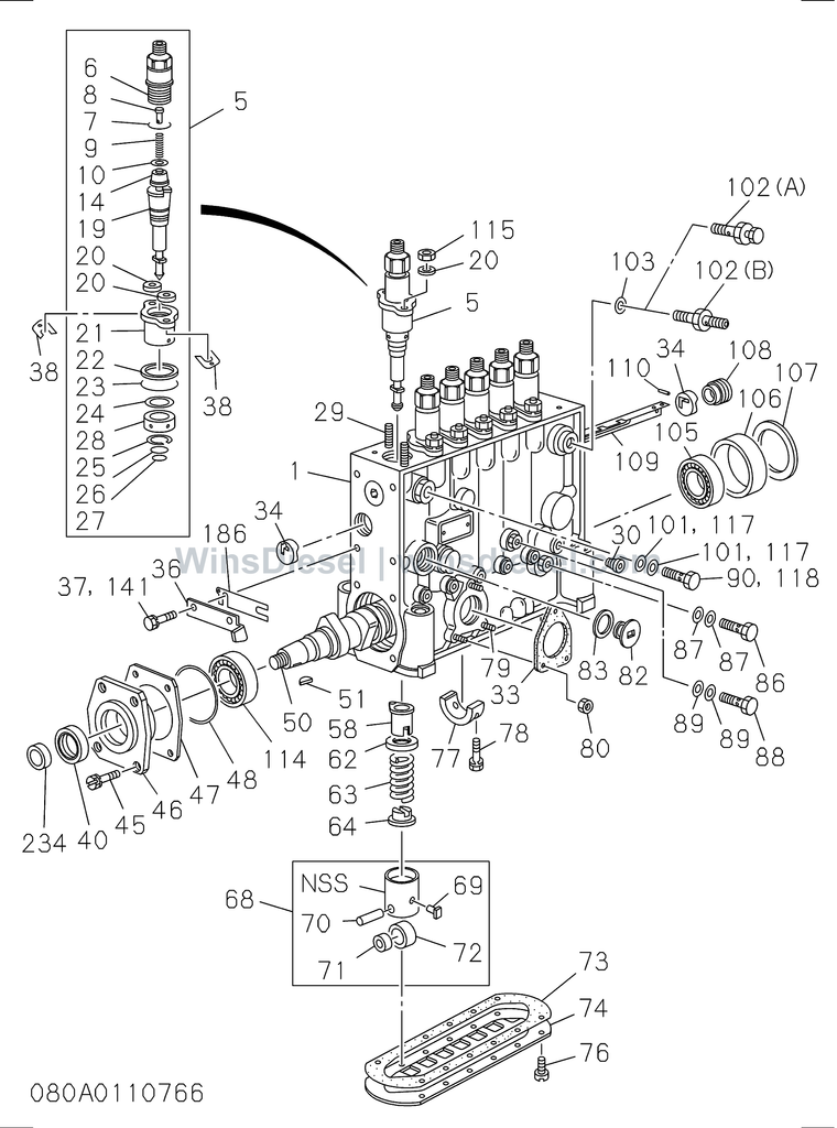 Isuzu 6SD1 injection pump internal parts exploded parts diagram, catalog reference EX300-5 :6SD1-TQA01-3080018808-