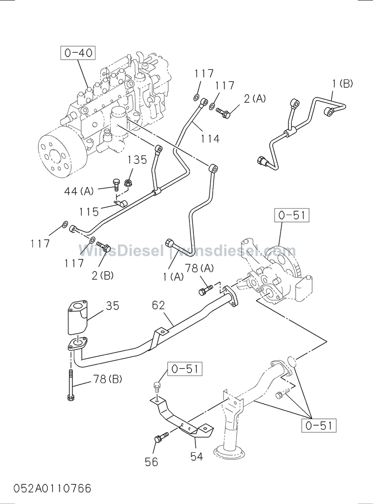 Isuzu 6SD1 engine oil and vacuum piping exploded parts diagram, catalog reference EX300-5 :6SD1-TQA01-305201