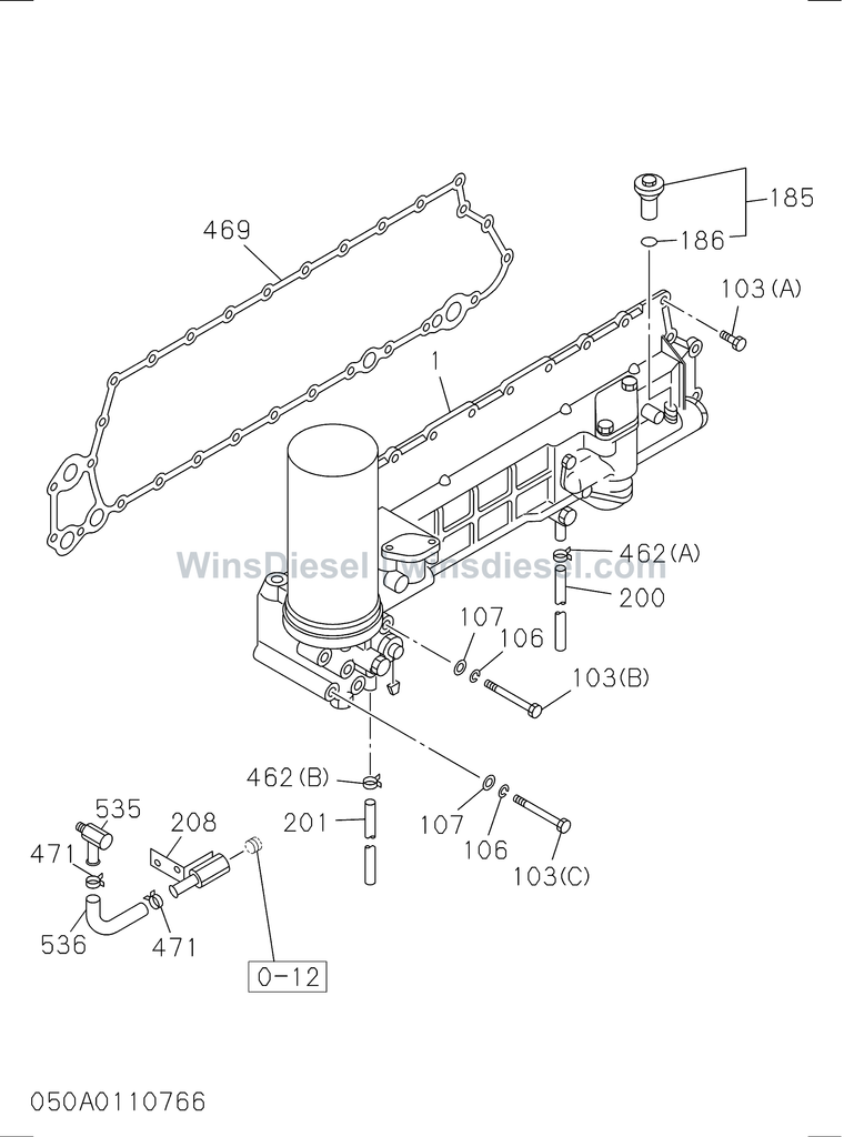 Isuzu 6SD1 oil cooler and oil filter exploded parts diagram, catalog reference EX300-5 :6SD1-TQA01-305001