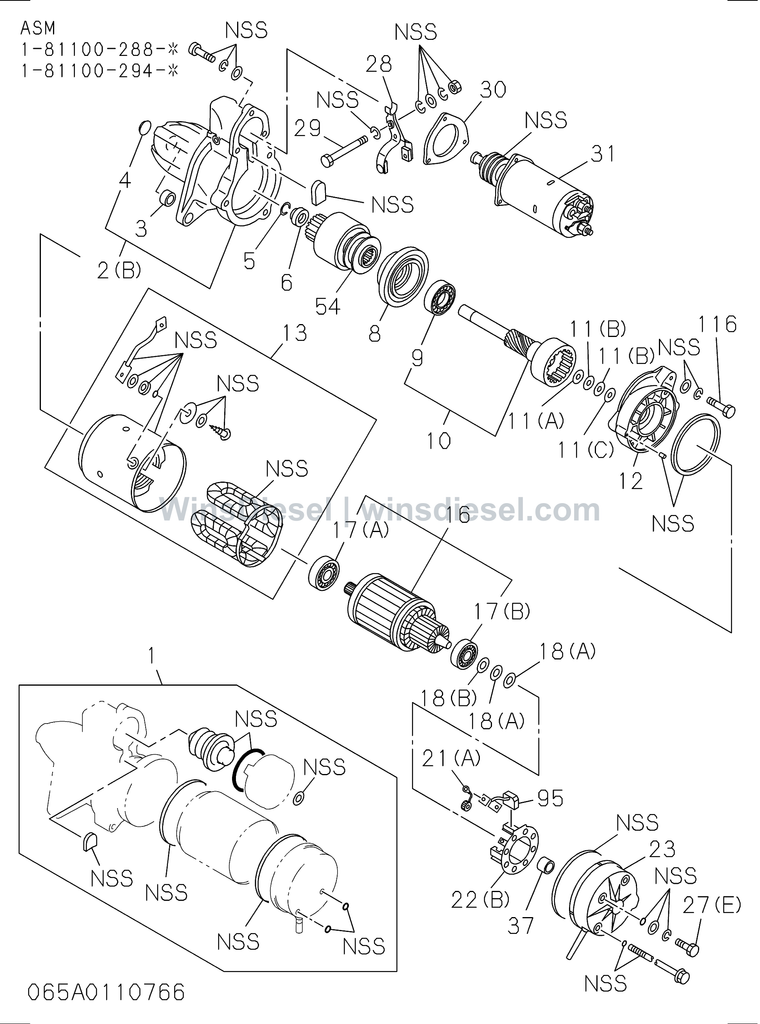 Isuzu 6SD1 starter internal parts exploded parts diagram, catalog reference EX300-5 :6SD1-TQA01-3065010210-