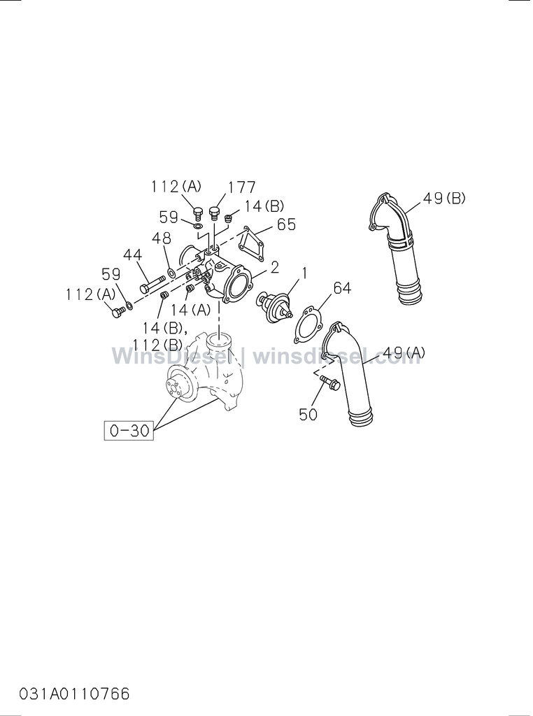 Isuzu 6SD1 thermostat and housing exploded parts diagram, catalog reference EX300-5 :6SD1-TQA01-303101