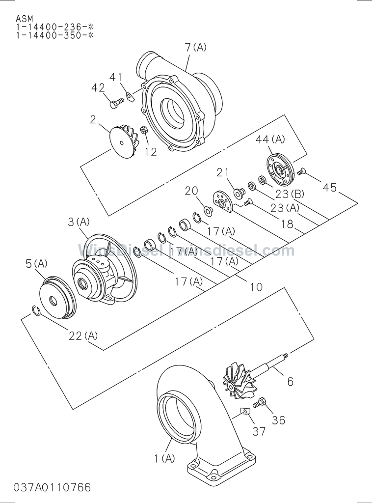 Isuzu 6SD1 turbocharger internal parts exploded parts diagram, catalog reference EX300-5 :6SD1-TQA01-3037018808-