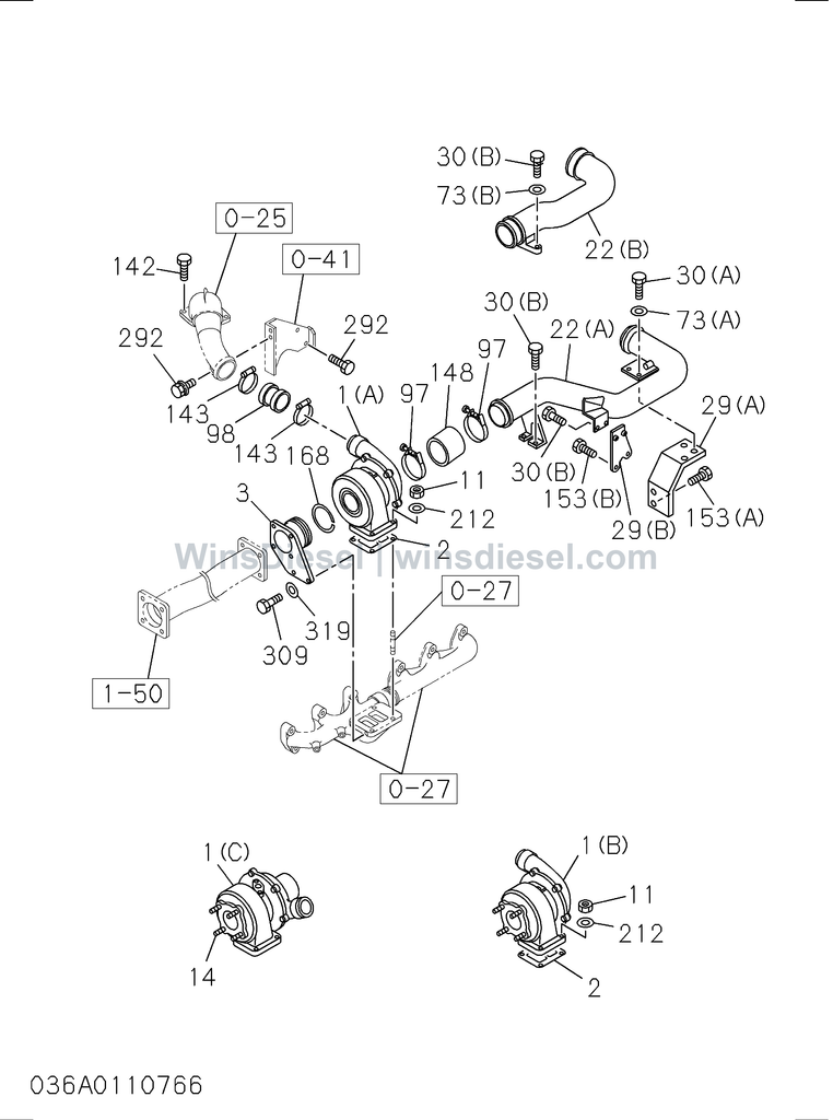Isuzu 6SD1 turbocharger system exploded parts diagram, catalog reference EX300-5 :6SD1-TQA01-303601