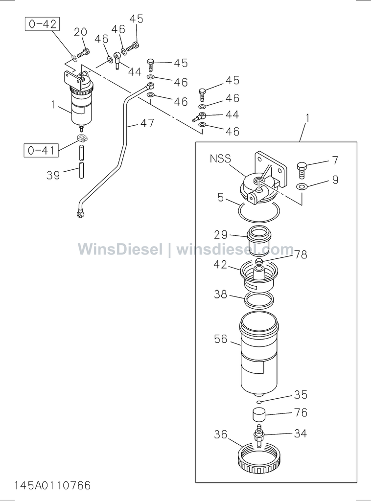 Isuzu 6SD1 fuel water sedimenter exploded parts diagram, catalog reference EX300-5 :6SD1-TQA01-314501